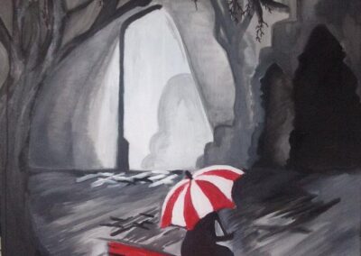 painting_red_black_melankoli_kontraster_umberella_paraply_regn_bænk_trist